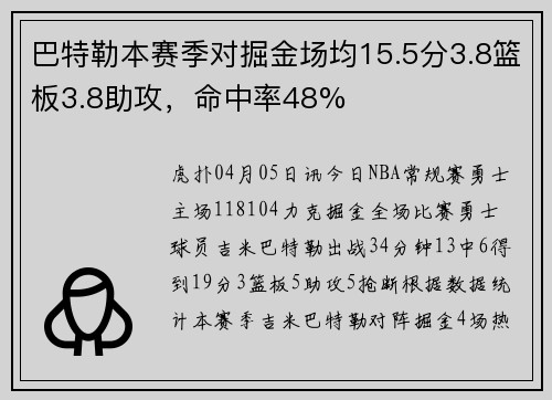 巴特勒本赛季对掘金场均15.5分3.8篮板3.8助攻，命中率48%